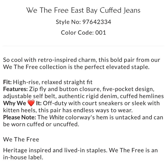 We The Free East Bay Cuffed Jeans NWT - Picture 4 of 10
